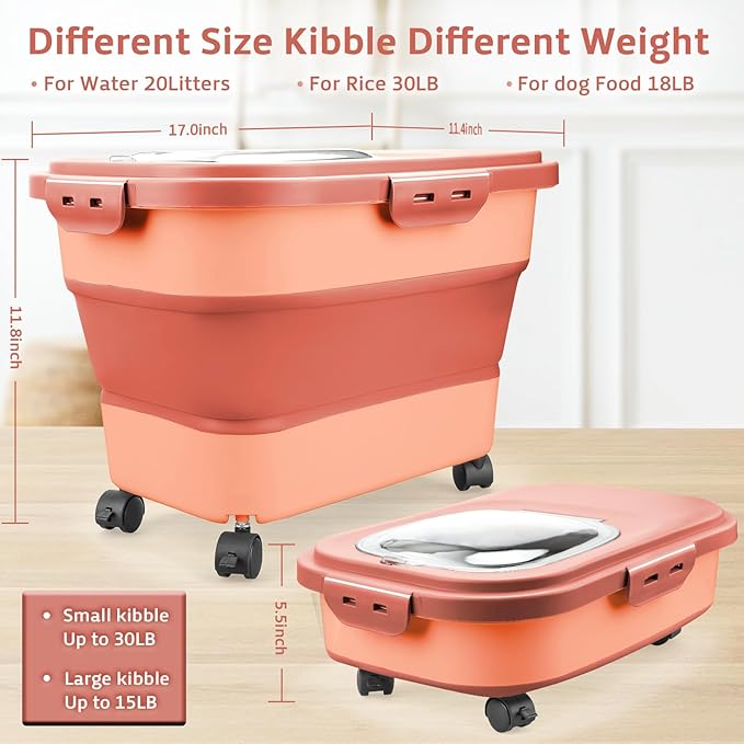 Komzon Rice Storage Containers, Collapsible 20 to 30Lbs Food Storage Bin Dispenser with Rolling Wheel and Clear Airtight Lid, BPA Free Flour, Sugar, Cereal and Dog Cat Pet food Containers