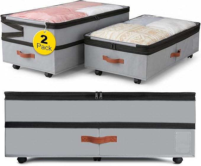2 Pack Under Bed Storage with Wheels, Adjustable-Height Rolling Storage Containers with Clear Lids, 76L XXL Durable Underbed Organizer Bins for Clothes, Shoes, Blankets, Bedroom, Dorm, Closet - Gray