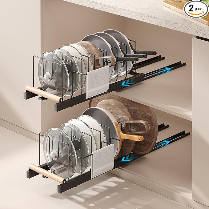 Magheo 2 Pack Pull Out Pots and Pans Organizer Under Cabinet, 22" Deep Expandable Pot Lid Organizer and Storage with 10 Adjustable Dividers Adhesive Pot and Pan Holder Rack with Handle Bracket(Black)