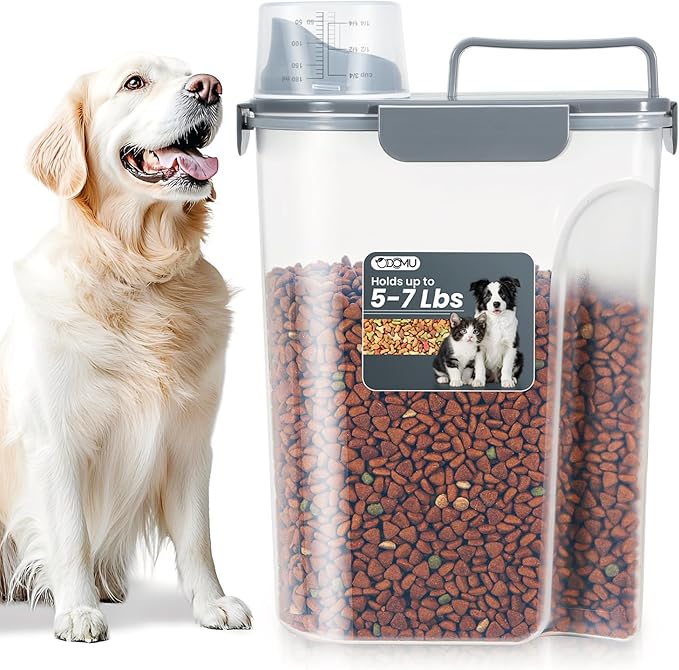 Dog Cat Food Storage Container 5-7 Lbs, Pet Food Container Airtight with Large Spout & Cup, BPA-Free Plastic Food Dispenser for Pet Food, Bird Seed, Rice, Flour (Dark Gray)