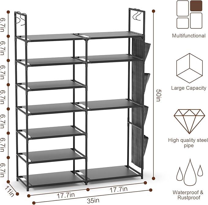 Kottwca 7 Tiers Shoe Rack Metal Shoe Organizer for Entryway Closet, 24-28 Pairs Stackable Shoe and Boots Shelf Storage Cabinet with Hooks and Side Hanging Pockets for Bedroom, Garage, Black