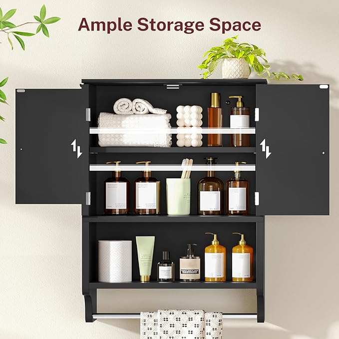 TEENFON Medicine Cabinet with Adjustable Shelves and Towel Rack, Bathroom Wall Mounted Cabinet Over the Toilet Storage for Bathroom, Living Room, 7.09" D x 15.35" W x 22.04" H, Black