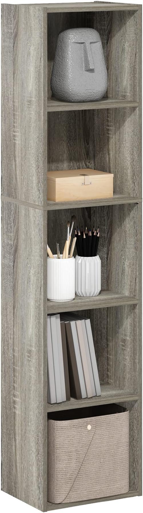 Furinno PASIR Book Shelf, 5-Tier Tall Narrow Bookshelf, Open Shelves Bookcase