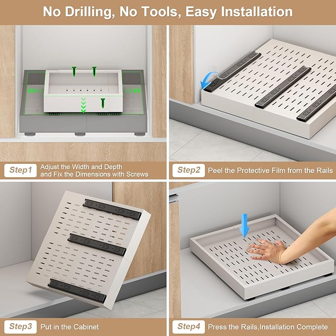 Fokyfok 2Pc Pull out Cabinet Organizer,Width(11"-16"),Depth(17"-24") Expandable No Drill Roll out Drawers,Adhesive Sliding Drawers,Slide out Shelves for Cabinets Without Lip,Kitchen,Pantry,White