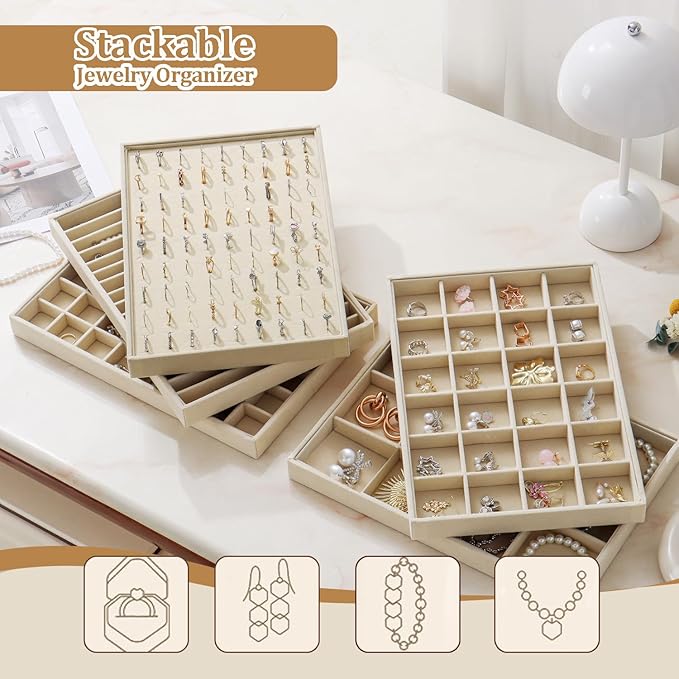 Large Velvet Jewelry Tray 2 Pack Stackable Jewelry Display Drawer Inserts Trays Organizer for Earring Bracelet Necklace Ring (Beige, 48 Grids)