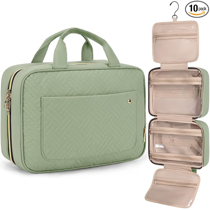 BAGSMART Toiletry Bag Travel Bag with Hanging Hook, Water-resistant Makeup Cosmetic Bag Travel Organizer for Accessories, Shampoo, Full-size Container, Toiletries (Green, Large)