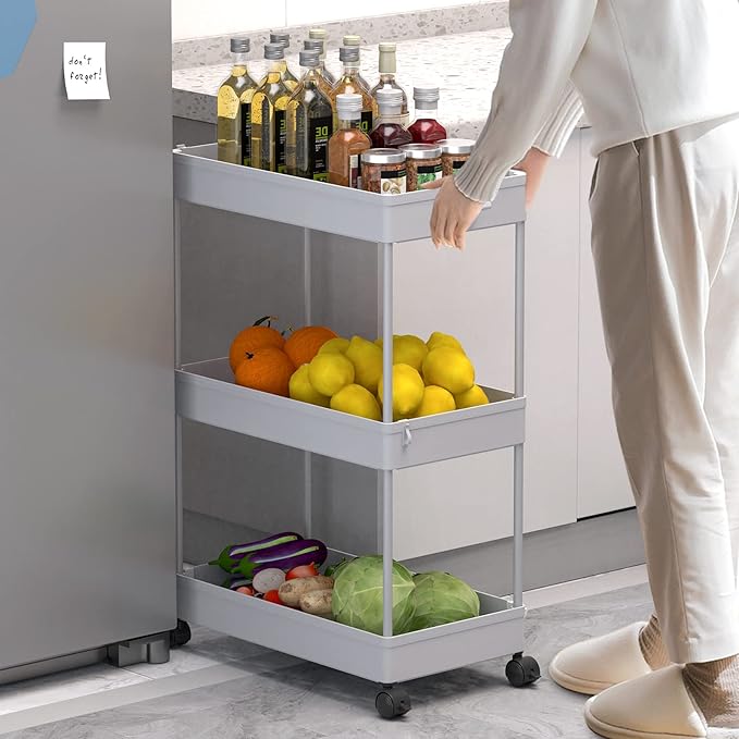 3 Tier Rolling Cart with Wheels, Gray