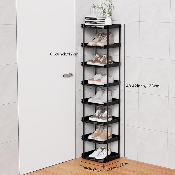 8 Tier Vertical Narrow Shoe Rack, Stackable Tall Skinny Shoerack, Compact Single Shoes Storage Tower for Slim Space, Corner Plastic Shelves, for Hallways, Entryway, Bedrooms Organizer, Black