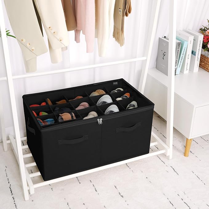 TOPIA HOME Shoe Organizer for Closet, Foldable Shoe Box with Adjustable Dividers and Clear Cover, Space Saving Shoe Storage Organizer Cabinet with Reinforced Handles, Fits 20 Pairs, Black, TP10B