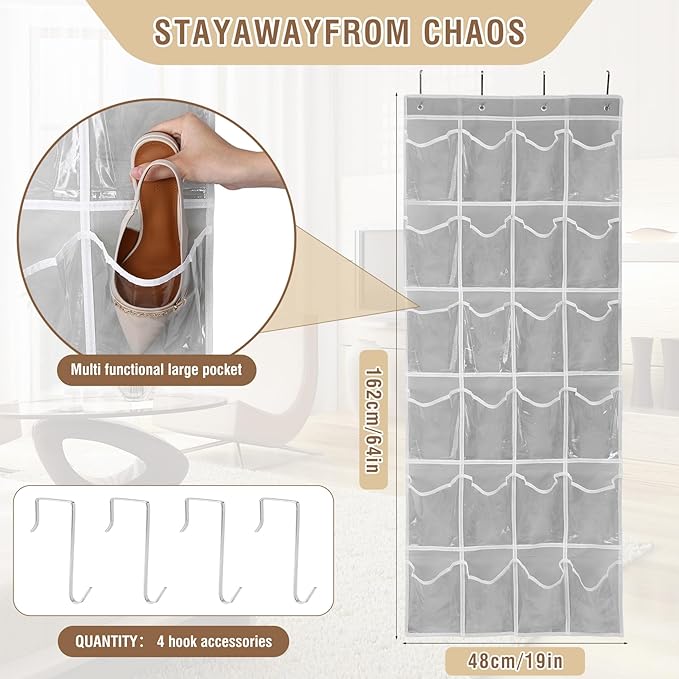 GOMAJI Over the Door 24 Pocket Hanging Shoe Organizer, Space Saving Hanging Storage Holder, Gray, (64" X 19")