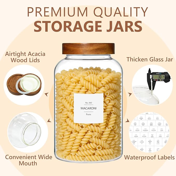 KEYWING 1 Gallon Large Glass Jars With Airtight Lid, 2Pcs Glass Food Storage Containers With Lids, Flour Rice Contianers for Pantry Kitchen Organization Egg Cookie Sugar Cereal (128 oz /3800ml)