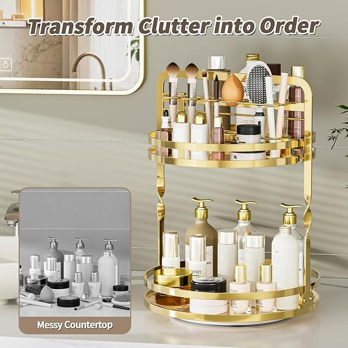 360° Rotating Makeup Organizer, 2-Tier Gold Perfume Organizer for Dresser, Bathroom Organizers Countertop, Perfume Shelf with Makeup Brush Holder, Skincare Holder Cosmetic Display(Gold)
