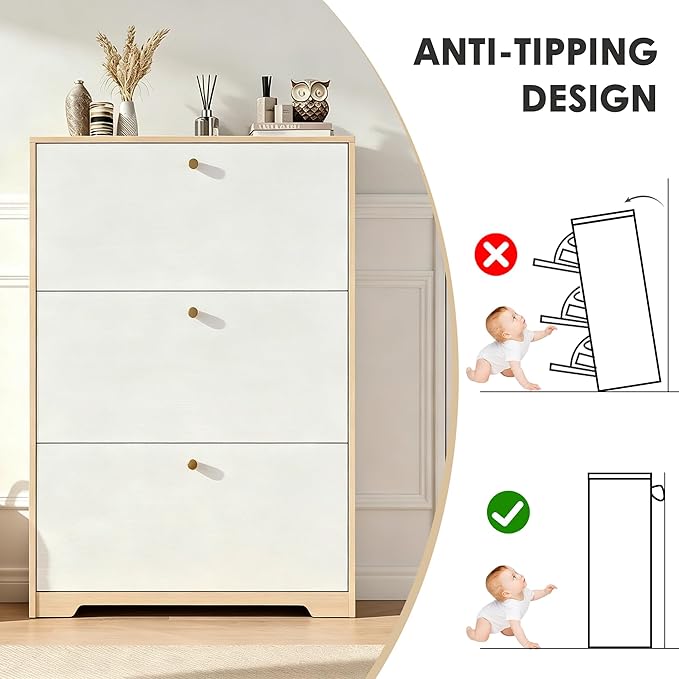 Nicetree Shoe Cabinet with 3 Flip Drawers，Freestanding Shoe Storage Cabinet, Narrow Shoe Organizer Cabinet, Farmhouse Slim Shoe Rack Cabinet for Entryway,Natural Oak and White with Hook