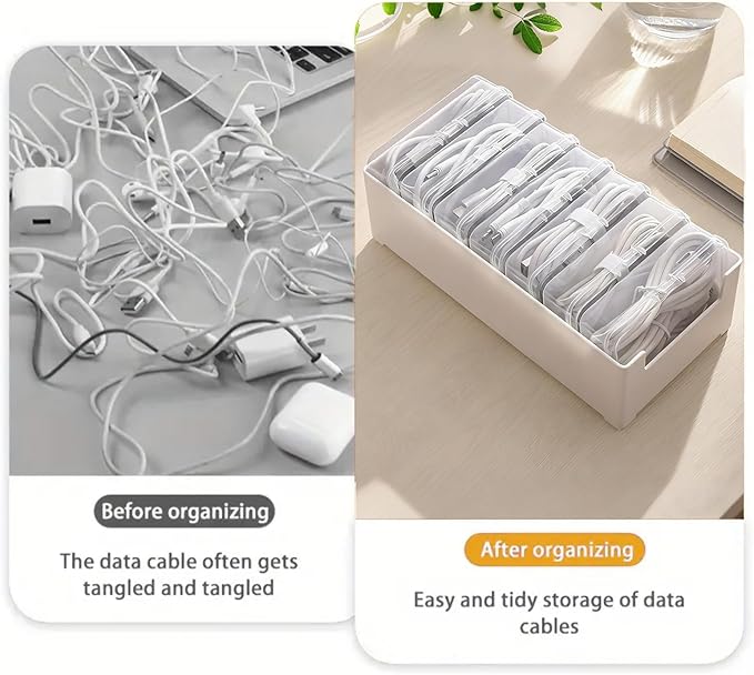 RayHenry Cable Organizer Box with 7 Clear Switch Case, Desktop Charger Cord Storage Organizer Box for Home Office Desk Accessories Wire Organization Stationery Supplies (white)