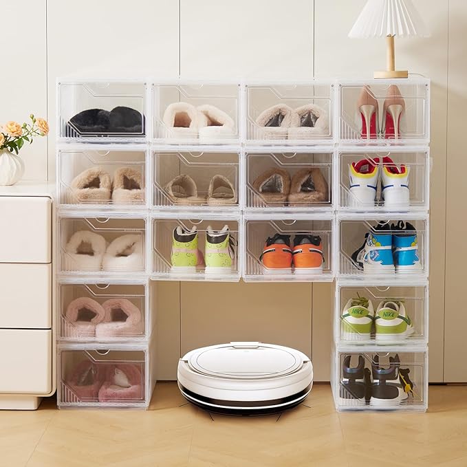 XX-Large Shoe Sneaker Storage Boxes for Size 14,Easy-to-Install Shoe Boxes, Thick and Stable, Stackable Shoe Boxes, Closet Organization (Clear White, XXL-10-pcs)
