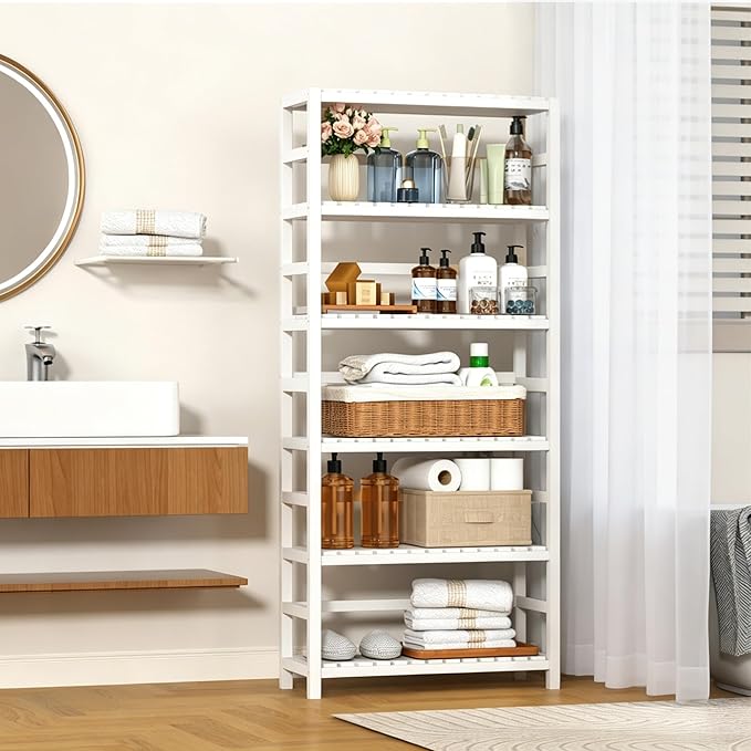 VASMIA 6-Tier Bamboo Shelf,Bamboo Storage Shelving Unit,Tall Bookcase with Adjustable Shelves,Multipurpose Storage Display Shelf for Bathroom, Living Room, Balcony, Kitchen,White