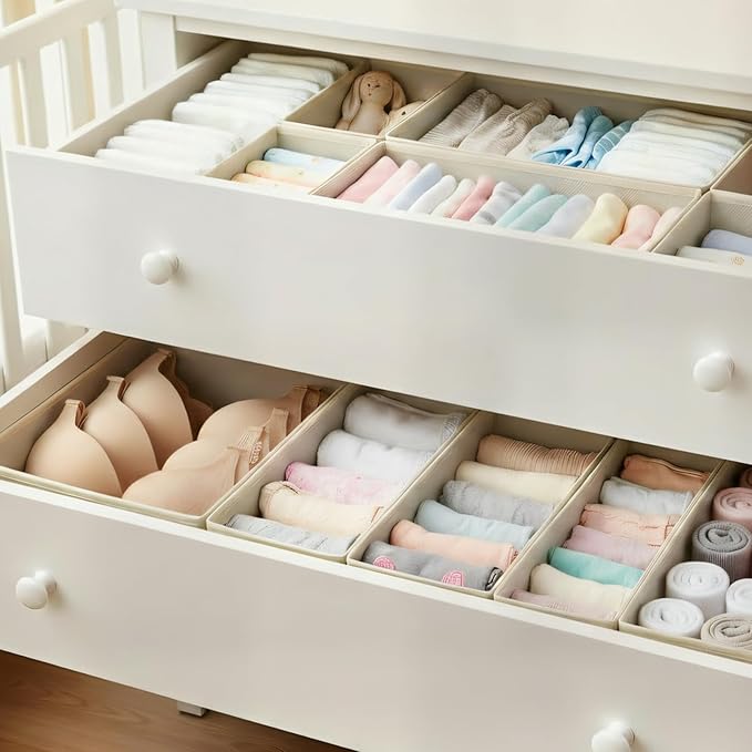 Drawer Organizer Set 4 Pack - Foldable Fabric Storage Bins with Zipper Bottom for Underwear Socks Bras Baby Clothes - Closet Dresser Organizers Dividers for Bedroom Nursery, Beige