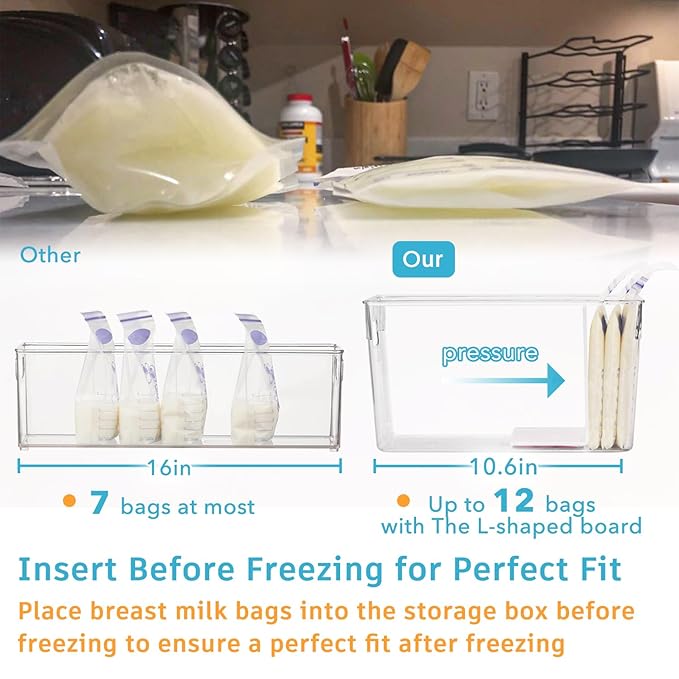 Ugotfeels Breastmilk Storage Container with L Shaped Separator Boards, Dividers Will Flatten Standing Breast Milk Bags in Organizer Bins Save Refrigerator Space | 2 Containers-Gray