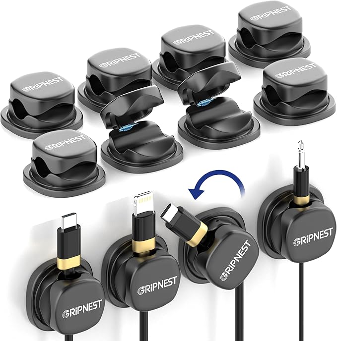 Never-Lose 1s Lock Spring Cable Solution – Rotatable Cable Clips, Strong Adhesive Cord Organizer & Wire Holder for Desk, Car, Wall & Nightstand, Tangle-Free Cable Management, 12 Pack (Black)