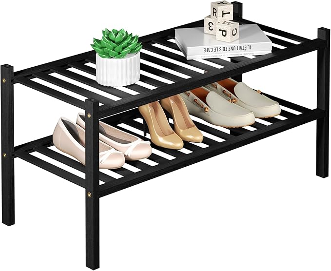 CRAFT 2 Tier Bamboo Shoe Rack for Closet Free Standing Wood Shoe Shelf, Black