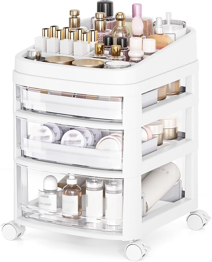 Rolling Cart with 3 Drawers, Clear Plastic Drawer Organizers, Dust Proof Under Desk Storage for Makeup, Skincare, Art Crafts and Baby Items, Acrylic Cosmetic Organizer with Dividers, Vanity Cart