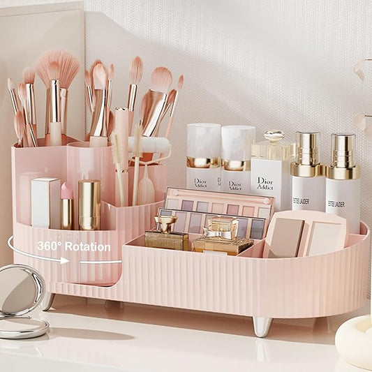 Pink Rotating Vanity Organizer with Brush Holder