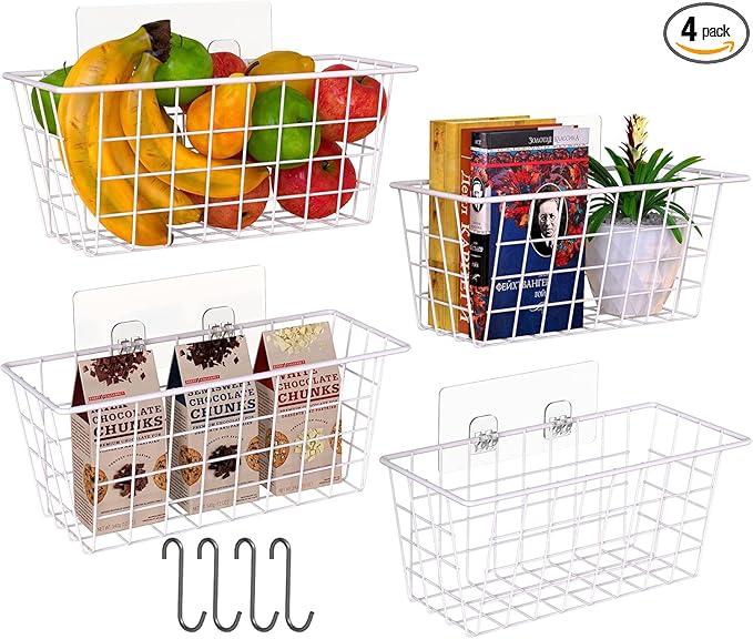 MaraFansie Wall Wire Baskets Adhesive Basket Hanging Kitchen Baskets No Drilling for Cabinet & Pantry Organization and Kitchen, Bathroom, Bedroom Storage, 4 Pack, White