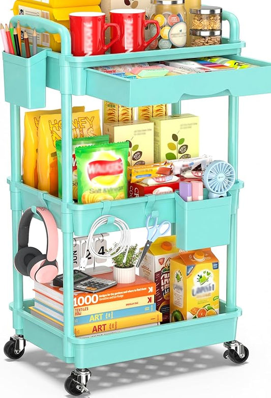 3-Tier Rolling Cart with Drawer & Lockable Wheels, Blue