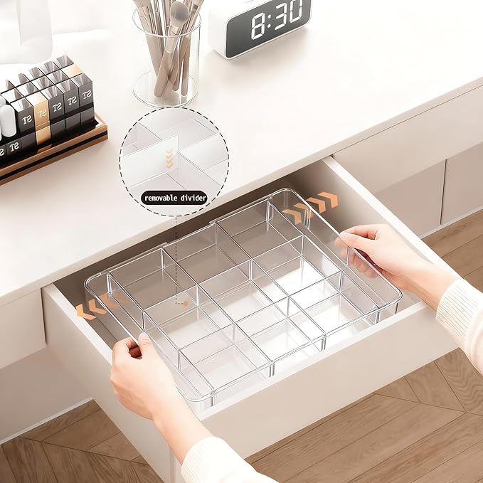 Acrylic Expandable Desk Drawer Organizer with 11 Adjustable Compartments and 6 Removable Dividers Desk Accessories for Office Kitchen Bathroom Makeup and Utensil Junk Storage (Clear, 2Pcs)
