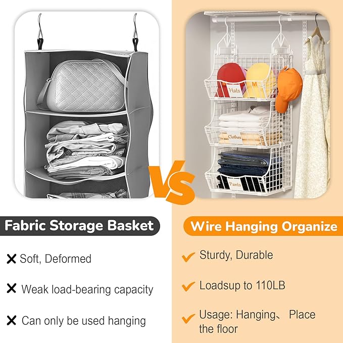 Hanging Closet Organizers and Storage, 5 Tier Closet Shelf Clothes Organizer with 2 S-Hooks, Multi-Functional Iron Wire Baskets, for Clothing, Sweaters, Handbags, Hat, Canned