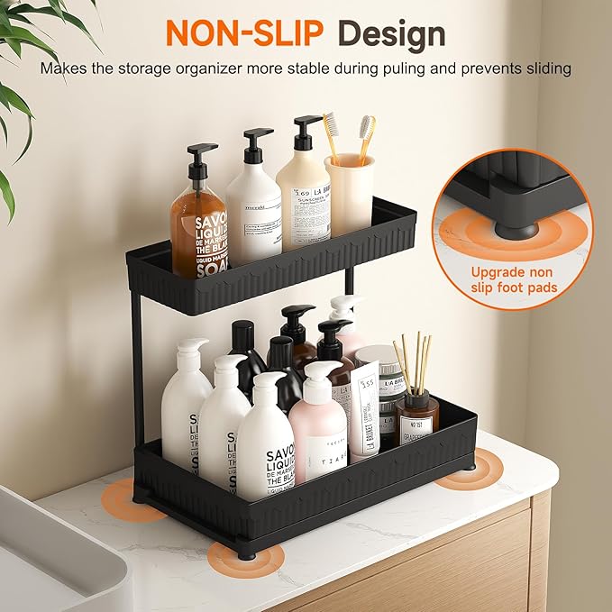 Sevenblue 3 Pack Multi-Purpose Pull-Out Storage Organizers, 2-Tier L-Shaped Under Sink/Cabinet Organizers and Storage for Bathroom & Kitchen, (Black, 12.85 Inches)