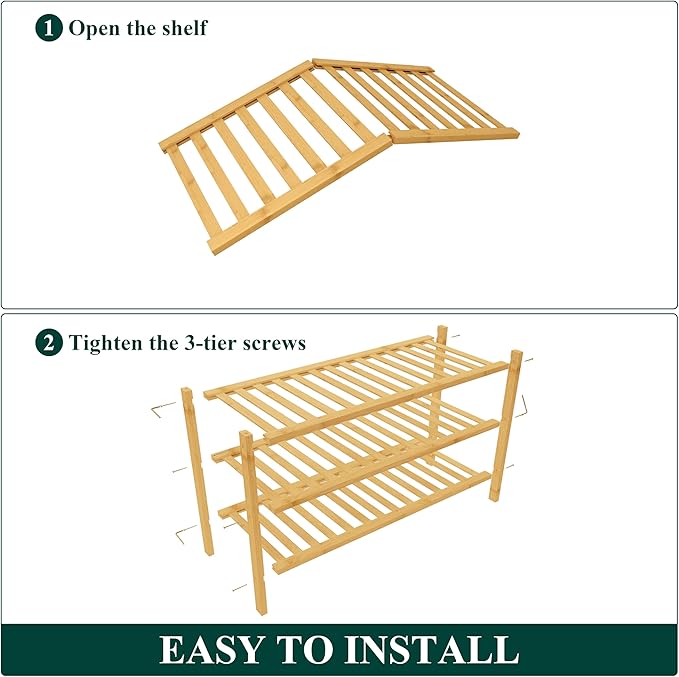 Smiry Bamboo Shoe Rack for Closet, 3 Tier Wooden Shoe Organizer, Stackable Wood Shoe Storage Shelf for Entryway, 14 Vertical Slats, One-piece Heavy-Duty Legs, 26.77"x11.02"x18.31", Natural