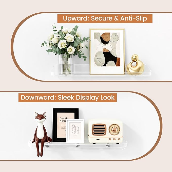 SpaceWhisper Floating Shelves for Wall, 2-Pack 15" Wall Shelves for Bathroom, Bedroom, Kitchen, Living Room, Display Hanging Shelf Organizer for Book, Picture Ledge, Figure Storage, Room Decor (Clear)