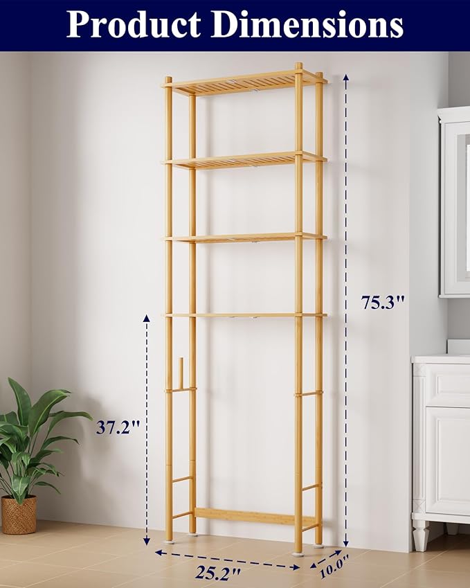 Kitsure Over Toilet Storage Rack - Bamboo Over Toilet Bathroom Organizer Shelf, Over the Toilet Storage Cabinet with Paper Holder, Bathroom Cabinet for Laundry, Natural, 4 Tiers (75.3" H)