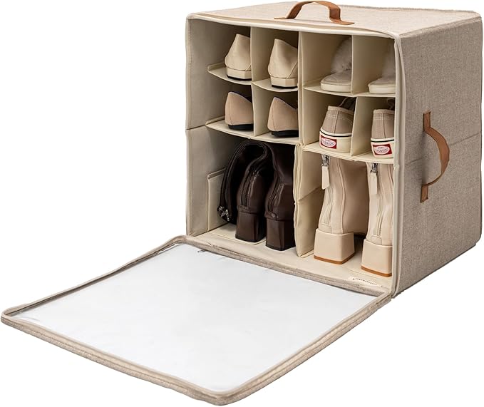 StorageWorks Shoe Organizer for Closet, Shoe Cubby Storage Containers with Adjustable Dividers and Clear Cover, Foldable Shoe Storage Box for Entryway, Fits up to 16 Pairs, Brown