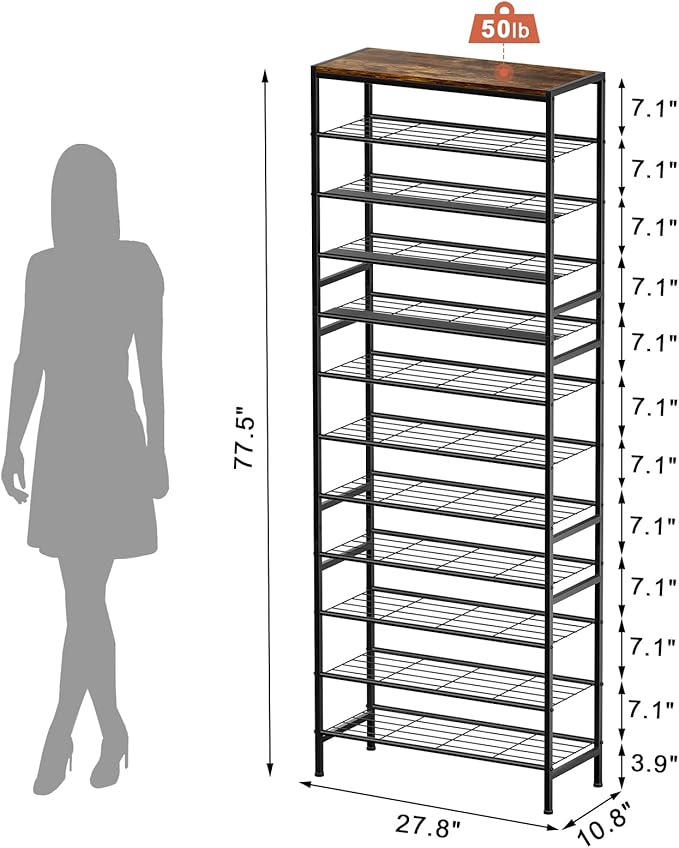 12-Tier Tall Shoe Rack Organizer Shoe Storage for Entryway 40-48 Pairs Metal Shoe Rack for Closet Heavy-Duty Shoe Rack with Wooden Top Shelf for Garage Rustic Brown