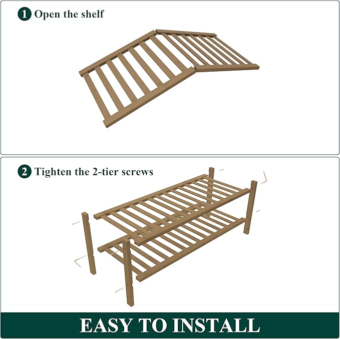 Smiry Bamboo Shoe Rack for Closet, 2 Tier Wooden Shoe Organizer, Stackable Wood Shoe Storage Shelf for Entryway, 14 Vertical Slats, One-piece Heavy-Duty Legs, 26.77"x11.02"x12.99", Walnut