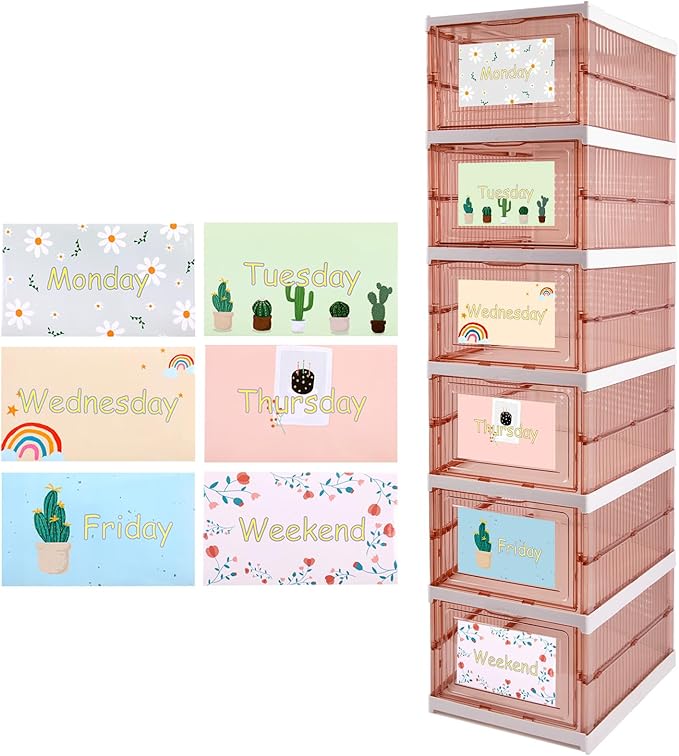 6 Shelf Weekly Clothes Organizer for Kids, Foldable Days of The Week Clothes Organizer with Door Hanging Closet Organizer Storage for Boys and Girls Monday Through Friday Essential Stuff (Brown)