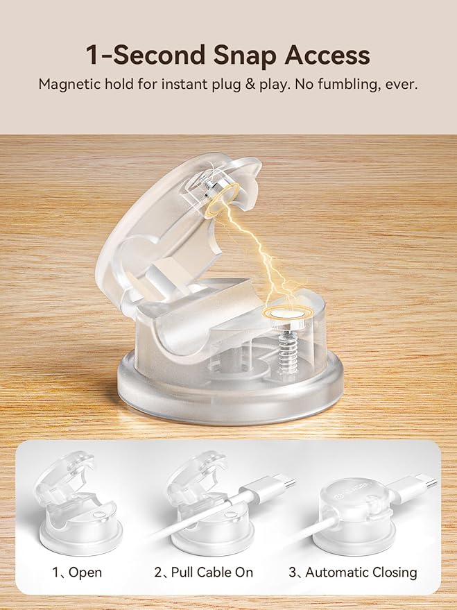 NEWDERY Magnetic Cord Organizer, 6 Pack Clear Adhesive Cable Clips with 360° Swivel & 1s Lock, Desk Cord Holder for Charger, Phone, Nightstand, Perfect for Cable Management