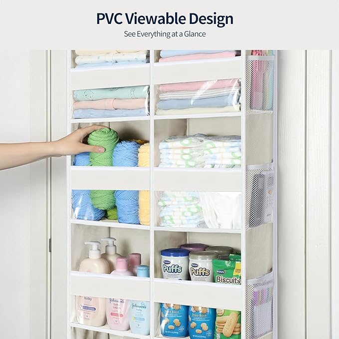 Yecaye Over The Door Organizer, 5 Tier Extra Large Behind Door Storage of 10 Compartments, 80lbs Heavy Duty Door Organizer Hanging with Clear Window for Closet Bedroom Pantry Bathroom, Beige
