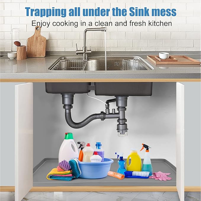 Under Sink Mat for Kitchen Waterproof, 25" x 19" Silicone Under Sink Liner Kitchen & Bathroom Cabinet Protector Mats, Heavy Duty Flexible Under Sink Drip Tray with Lip, Cool Grey