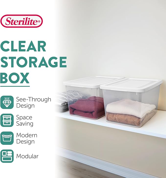 Sterilite 12 Pack Storage Boxes, Clear Plastic Stackable Containers, Lightweight Home Organizers with Snap Lids, 20 Quart, White