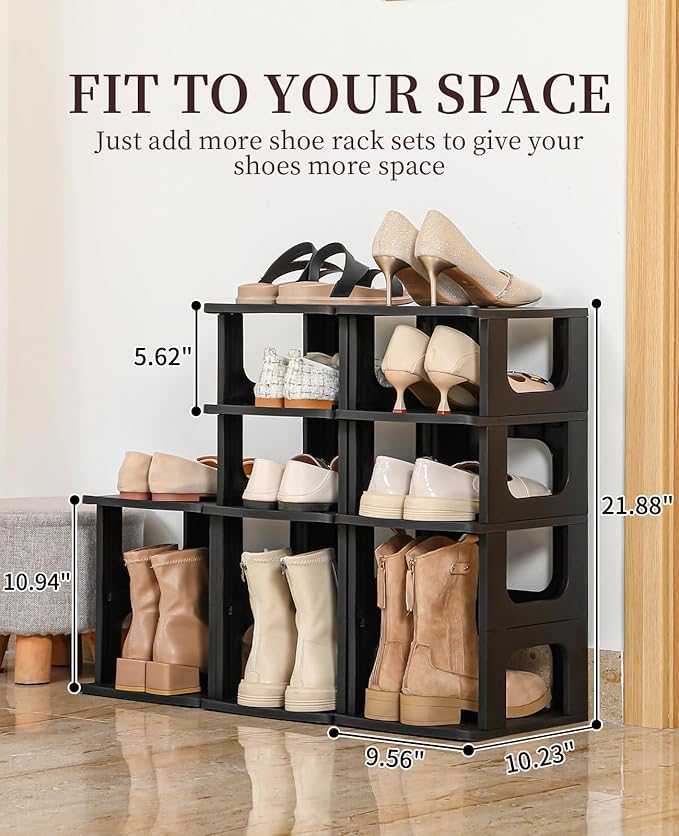 HAIXIN Shoe Organizer Rack for Small Spaces 5 Tier Plastic Vertical Narrow Shelves for Closet Black Shoe Holder, Stand for Entryway Storage Boots Organizer Stackable Cabinet (Pack of 2)