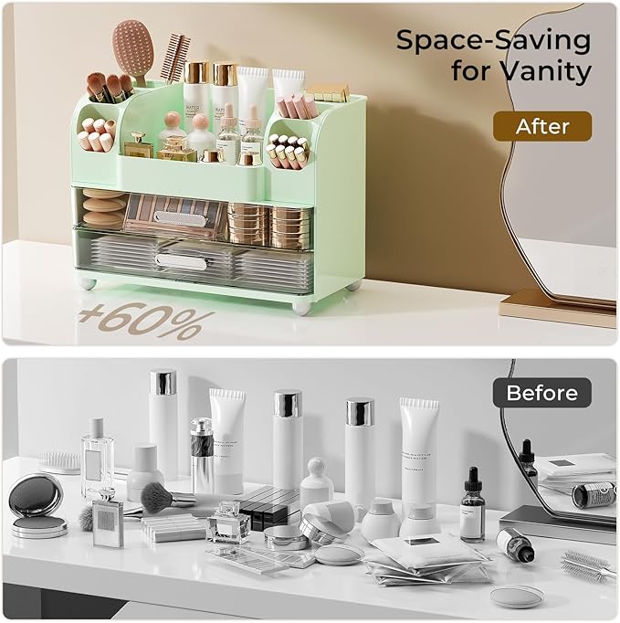 UFORU Makeup Organizer for Vanity with 2 Large Drawers, Cosmetic Display Case with Brush Holders, Easy to Storage for Bathroom Countertop Skincare, Perfume, Green
