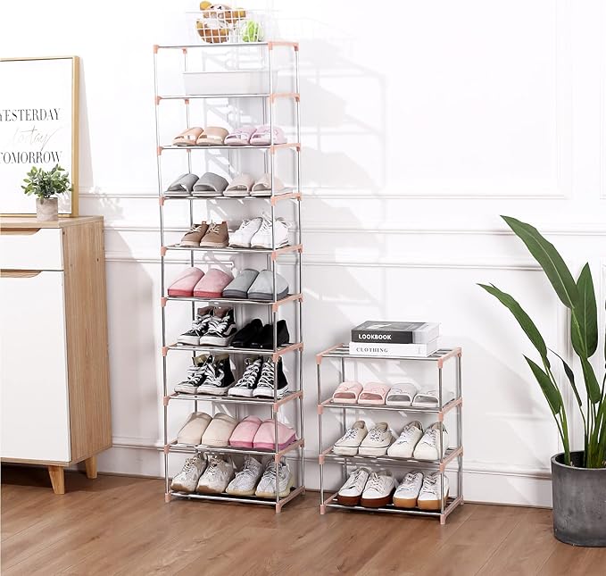 Jucaifu Stackable Small Shoe Rack, Entryway, Hallway and Closet Space Saving Storage and Organization (4-Tier, Pink)