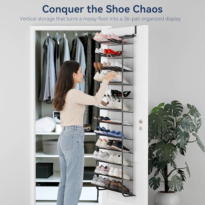 Whitmor 36 Pair Over the Door Shoe Organizer, 12 Tier Hanging Shoe Organizer, Heavy Duty Metal & Mesh Shoe Holder, Hanging Shoe Rack for Closet Storage, 74"H x 21.7"W x 7.5"D, Gunmetal Gray