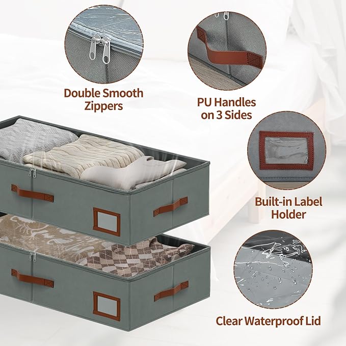 6 Inch Under Bed Storage Containers, 2 Pack Large Underbed Storage Bins w/Clear Lid & Sturdy Sidewall, Foldable Closet Organizer for Dorms, Bedroom, Clothes, Shoes, Bed Sheets, Blankets (Grey)