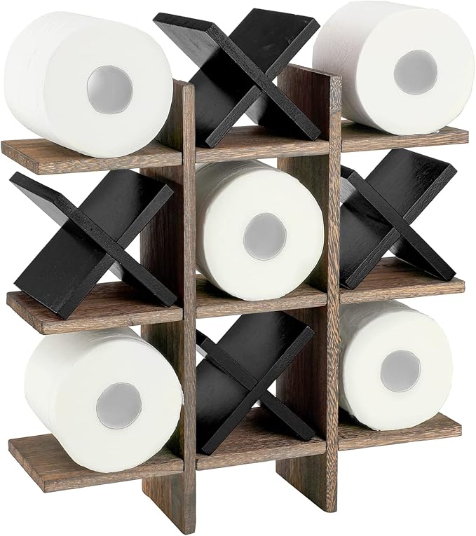 Weysat Tic Tac Toe Toilet Paper Holder Stand Bathroom Wall Decor Rustic Wooden Hanging Storage Freestanding Wall Mounted Shelves Decor for Toilet Tissue Farmhouse