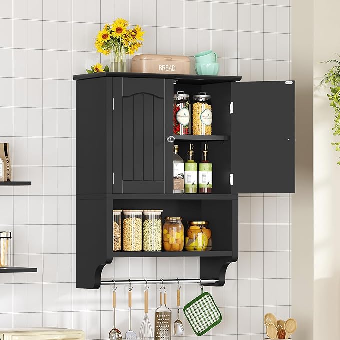 TEENFON Medicine Cabinet with Adjustable Shelves and Towel Rack, Bathroom Wall Mounted Cabinet Over the Toilet Storage for Bathroom, Living Room, 7.09" D x 15.35" W x 22.04" H, Black