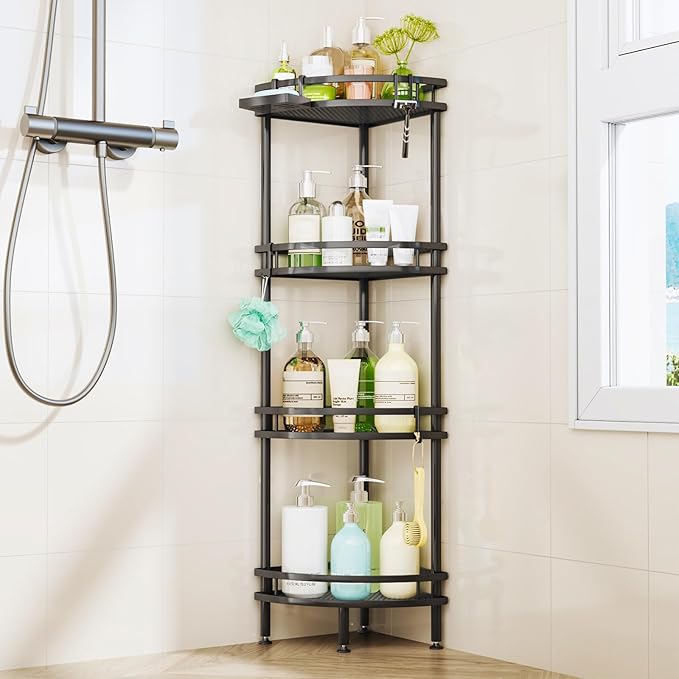 HapiRm Standing Corner Shower Caddy - 4 Tier Shower Organizer Corner with Soap Holder and 4 Hooks, Rustproof Bathroom Storage Shelves with Adhesives, Black